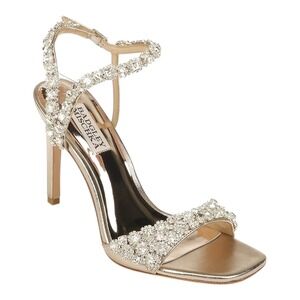 Badgley Mischka Galia Champagne Crystal Embellished Ankle Strap Heels Size 5